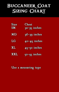 Buccaneer Pirate Coat -Rico Shop BucSizeChart