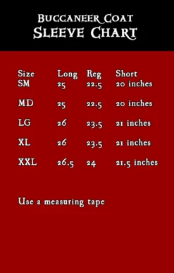 Buccaneer Pirate Coat -Rico Shop Buc sl SizeChart