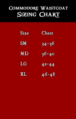 Commodore Waistcoat -Rico Shop CommodoreWCSizeChart