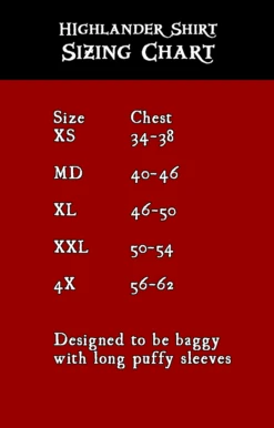 Highlander Shirt -Rico Shop HIghlanderSizeChart