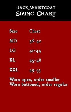 Jack Waistcoat -Rico Shop JackWCSizeChart