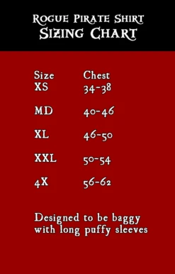 Rogue Pirate Shirt -Rico Shop RogueSizeChart