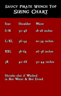 Saucy Pirate Wench Top -Rico Shop SaucySizeChart