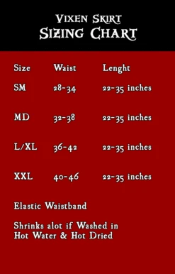 Vixen Pirate Skirt -Rico Shop VixenSizeChart